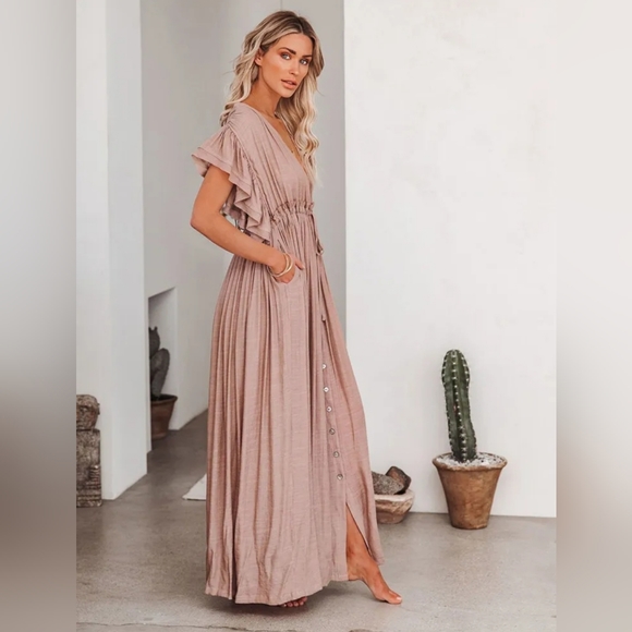 NEW Boho Plunge Gauze Cover Up Maxi Dress Button Front Nude Blush Beige Tan - Picture 4 of 10